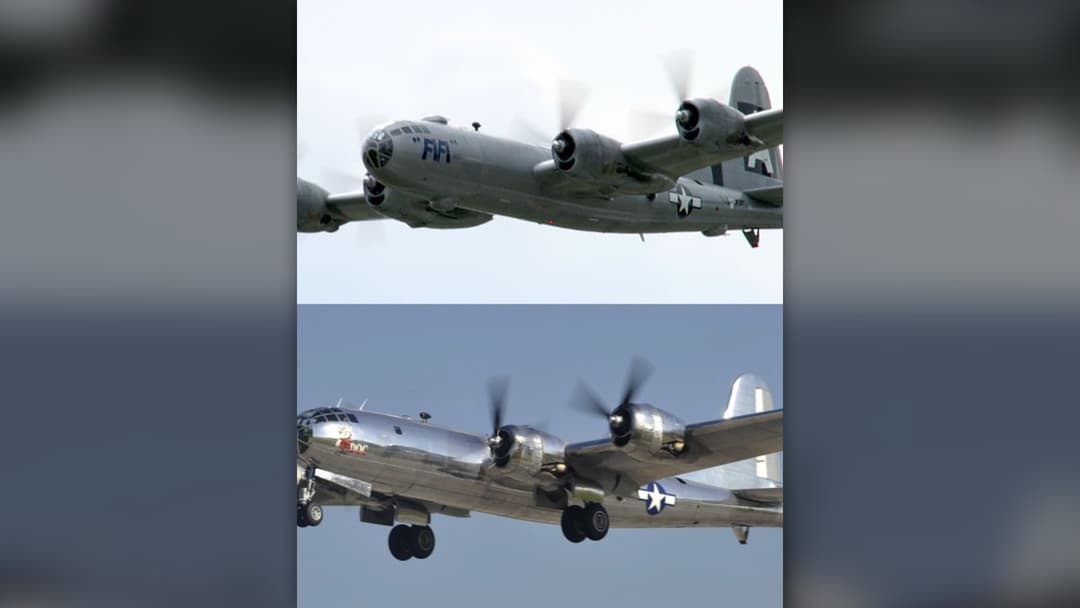 The world's only two airworthy Boeing B-29 Superfortress heavy bombers FIFI and Doc flying together in formation