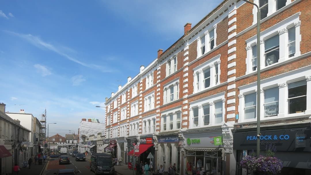 Wimbledon High Street in South London with Victorian architecture.