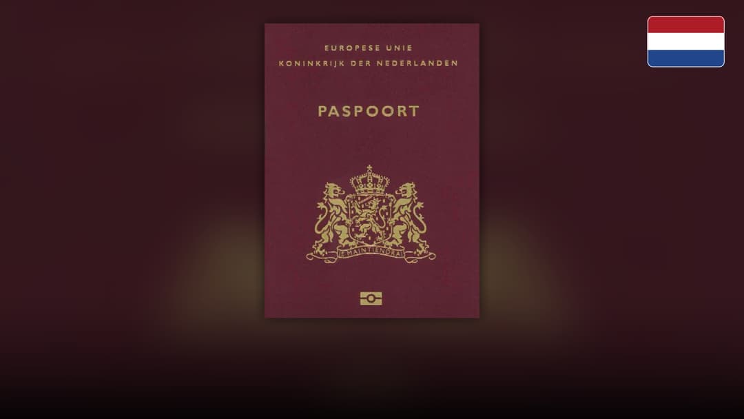 Burgundy Dutch biometric passport booklet with the Royal Netherlands coat of arms.