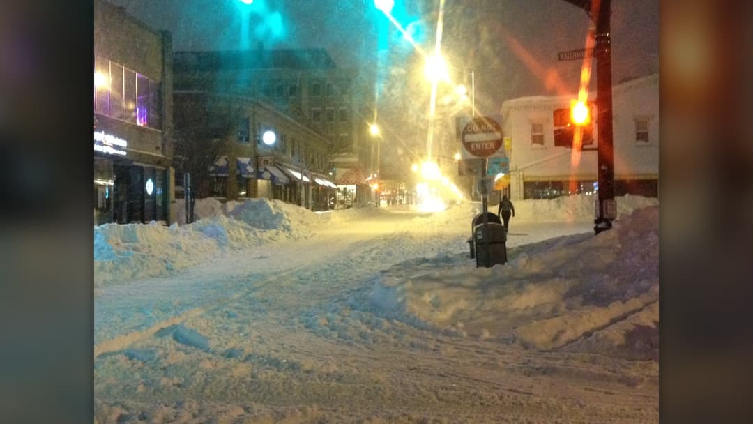 Thayer Street in Providence, Rhode Island during a major winter blizzard