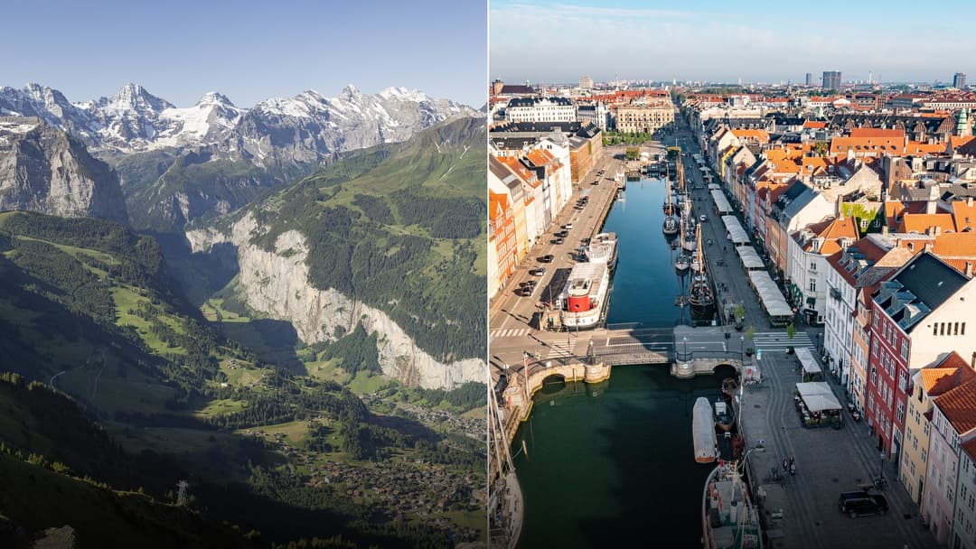Split view of Lauterbrunnen alpine valley in Switzerland and Nyhavn harbor in Copenhagen, Denmark.