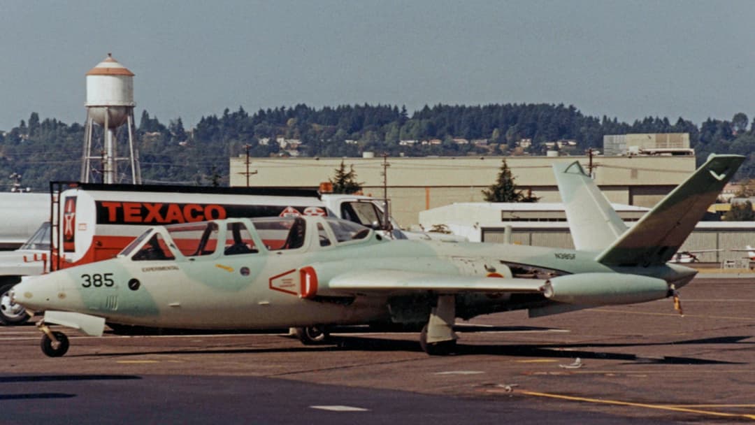Fouga CM.170 Magister Cold War jet trainer displaying its V-tail at Turku Airshow