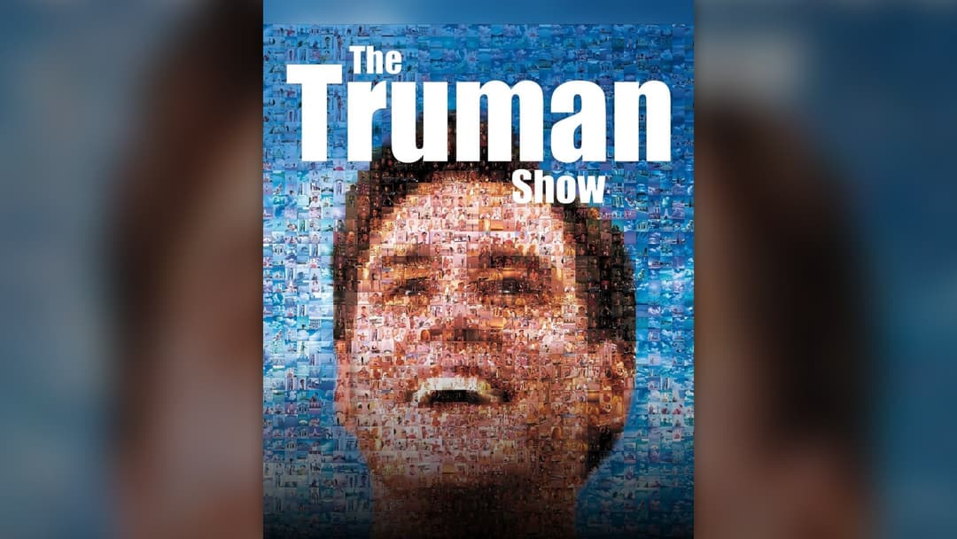 Jim Carrey bowing before the painted sky wall exit door in The Truman Show.