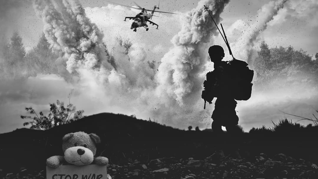 Soldiers advancing across a smoke filled battlefield during a fiery explosion