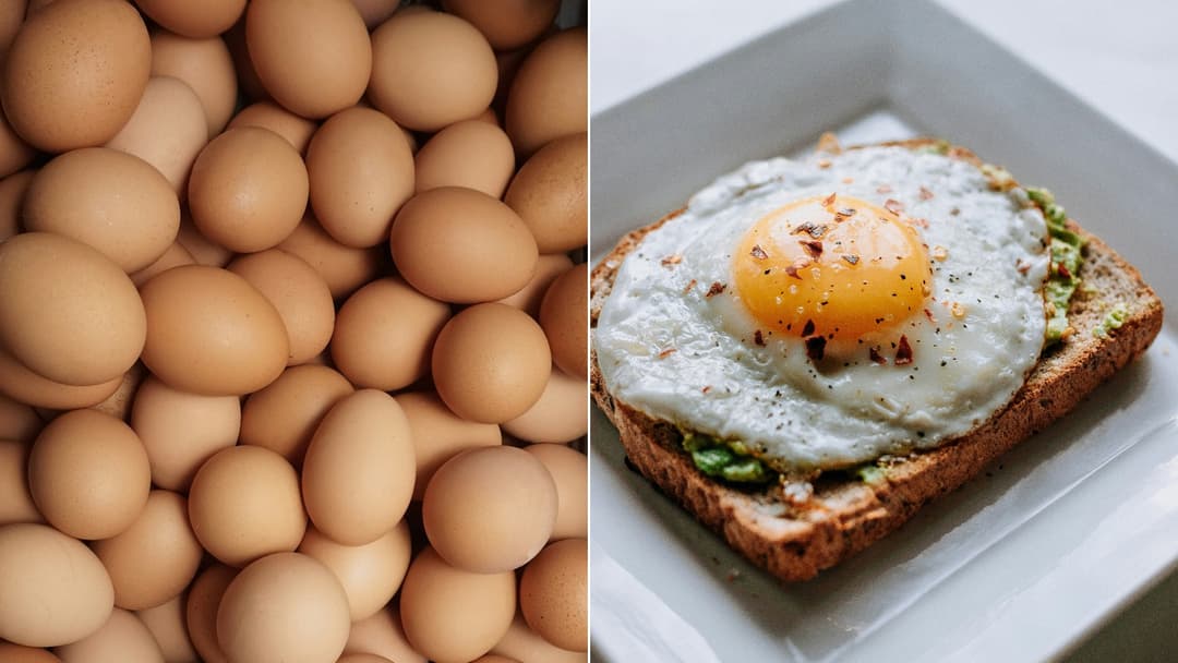 A 50/50 split cover featuring fresh rustic farm eggs on the left and a vibrant sunny-side up breakfast plate on the right.