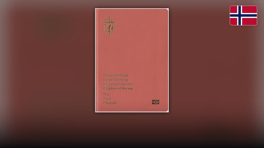 Red minimalist Norwegian passport cover featuring the golden Norwegian lion crest.
