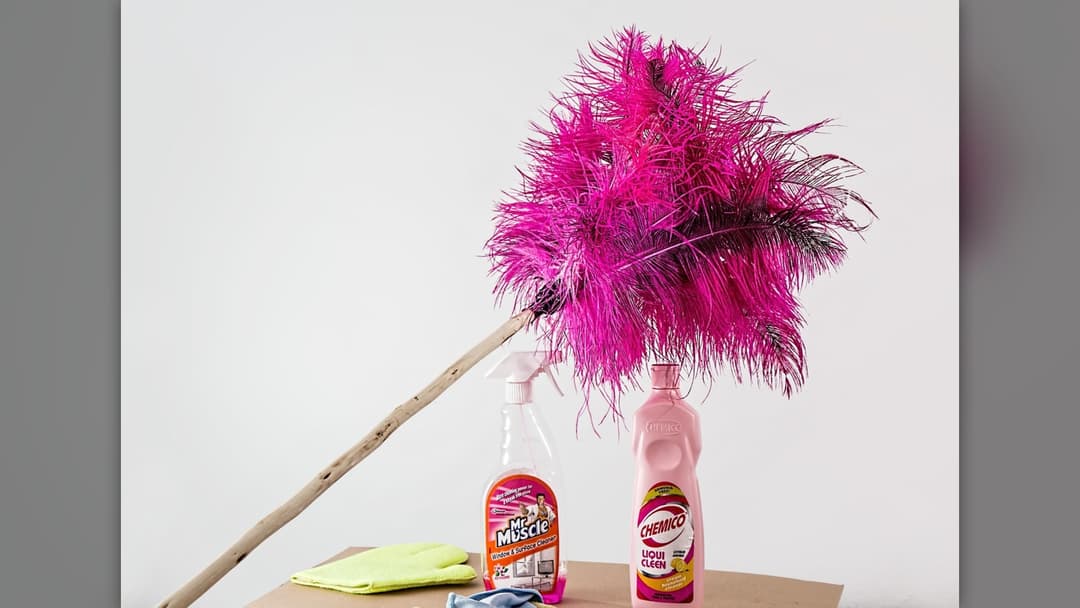 Colorful feather duster and cleaning spray bottle on a shelf