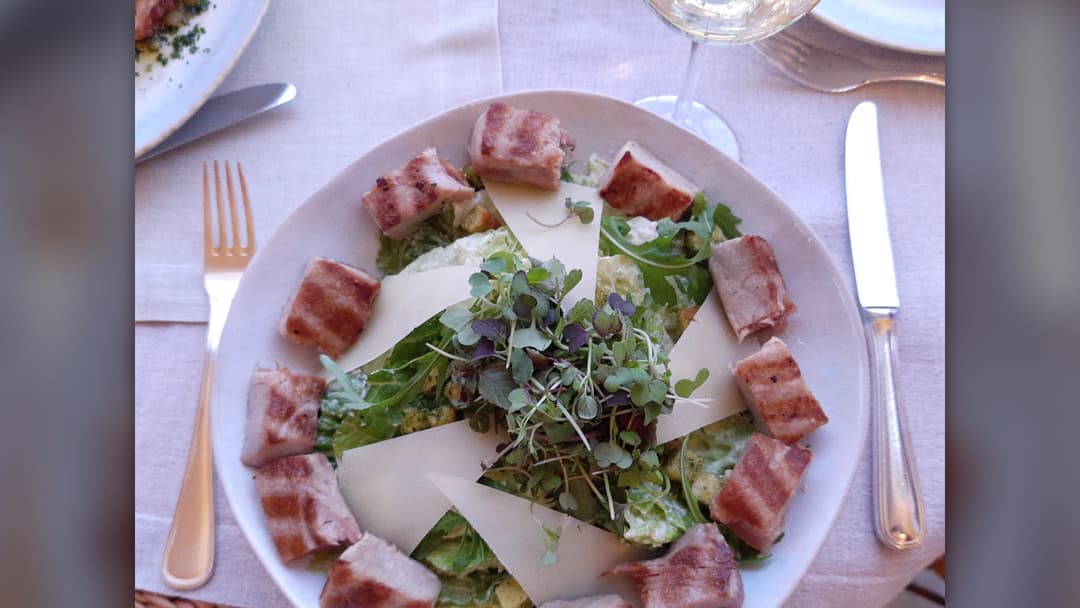 Fresh tuna salad served on a white plate with greens and cucumber