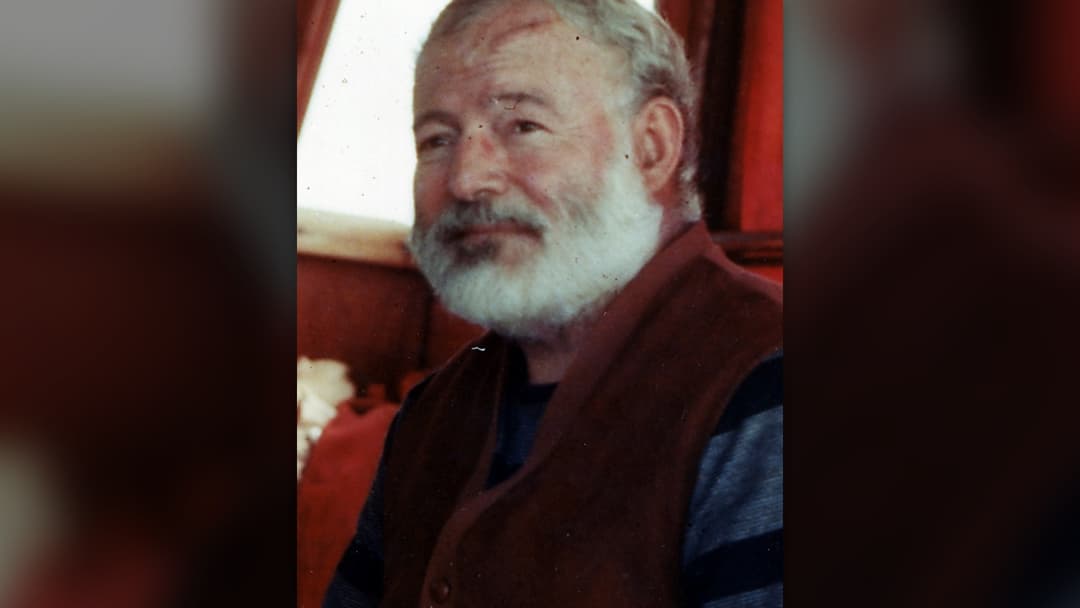 Close-up portrait of novelist Ernest Hemingway in 1950