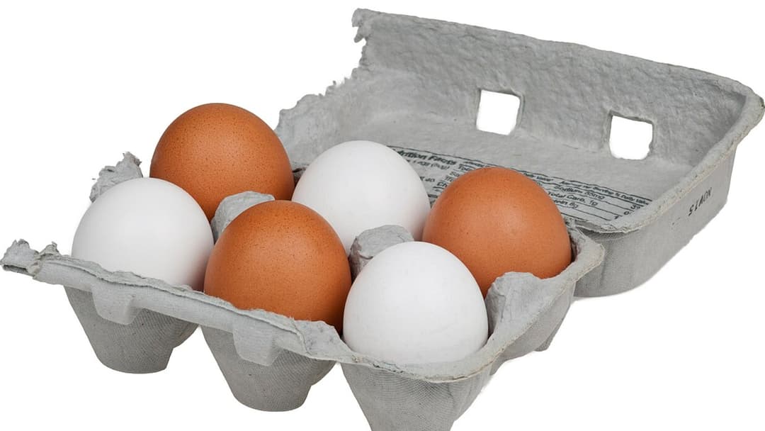 Carton of fresh whole brown chicken eggs on a rustic surface