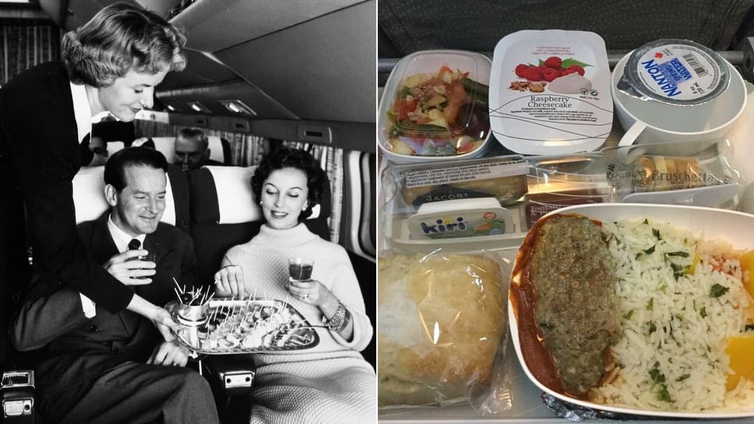 First class domestic airline meal served on china tableware with white linen