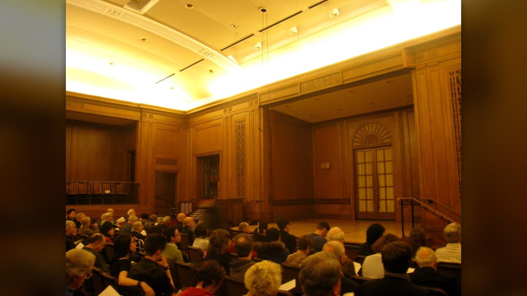 Wood-paneled Field Concert Hall interior at the Curtis Institute of Music in Philadelphia