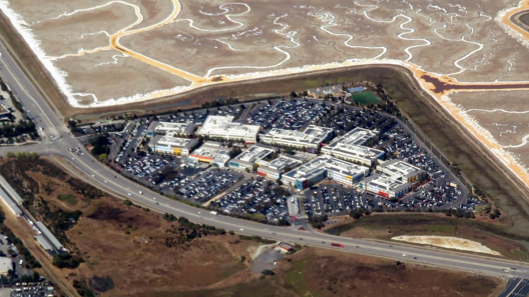 Aerial view of the sprawling Meta corporate campus in Menlo Park California