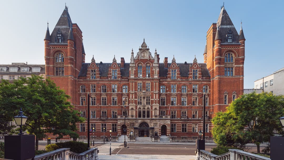 Symmetrical front view of the Royal College of Music on Prince Consort Road in South Kensington, London