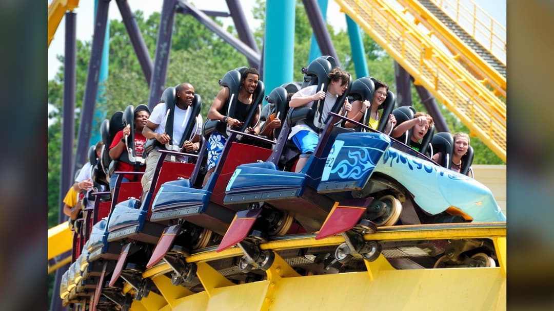 Landscape photograph of people screaming in excitement and terror on a looping roller coaster