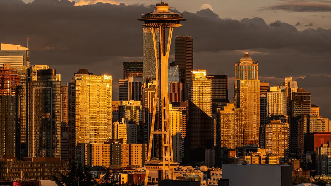 Space Needle and downtown Seattle Washington skyline at sunset viewed from Kerry Park