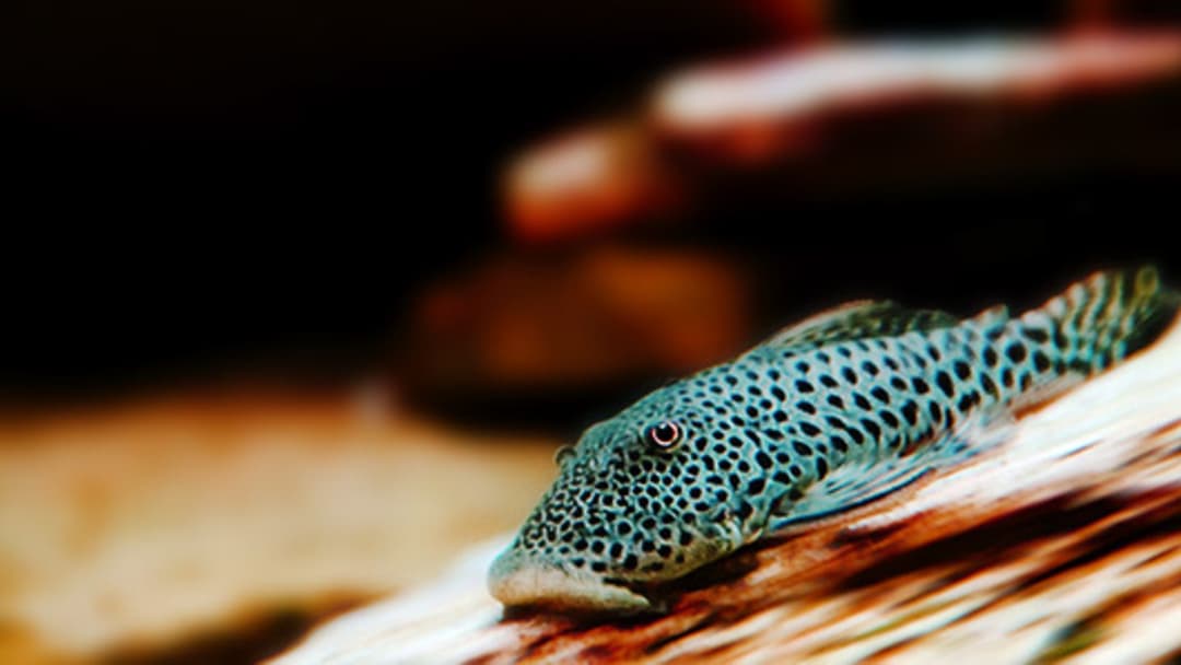Armored suckermouth catfish Chaetostoma resting on river stones in clear water