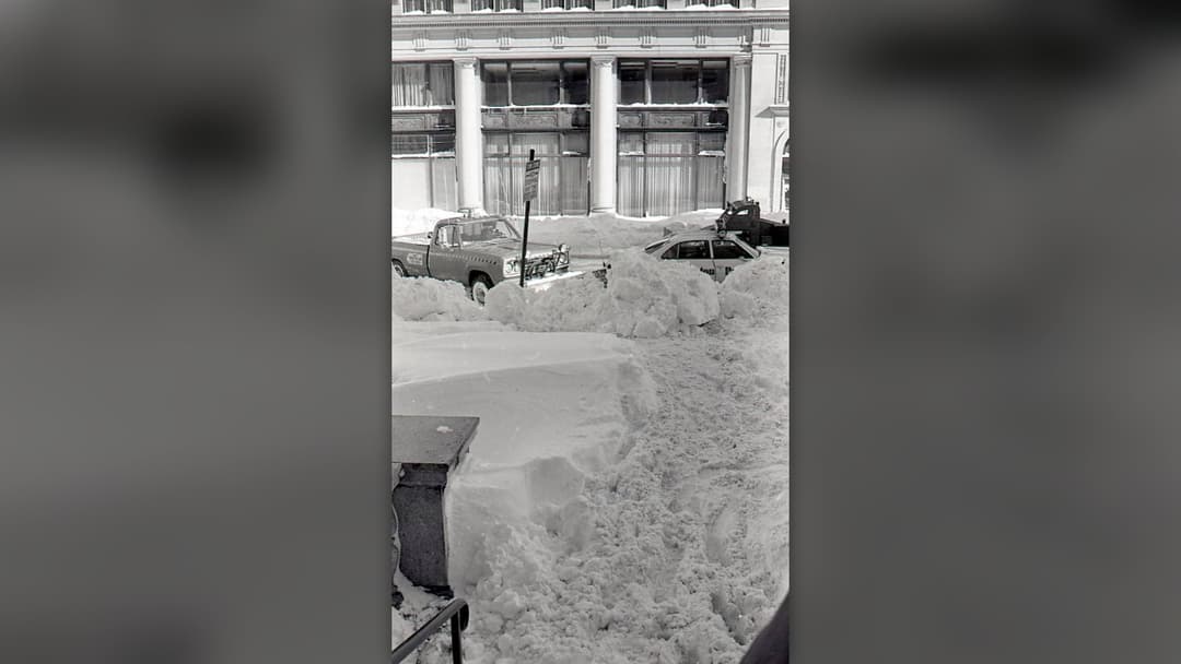Snow piled high along a residential Boston street in Massachusetts