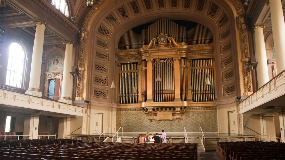 Ornate interior of Woolsey Hall and the Newberry Memorial Organ at Yale University in New Haven