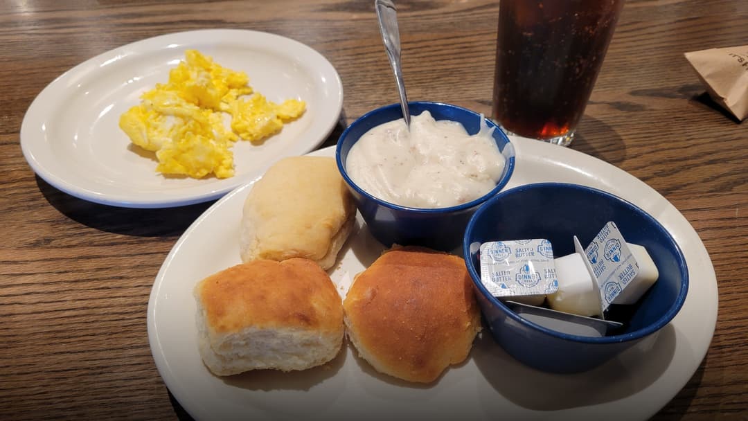 Plate of biscuits and sausage gravy at Cracker Barrel.