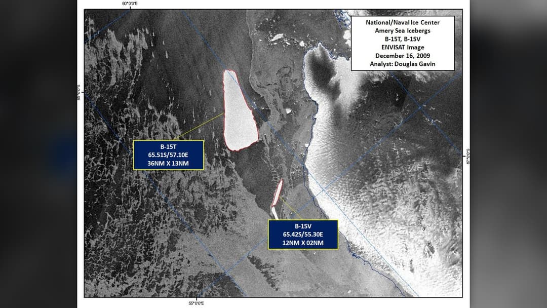 Satellite photograph of coffin-shaped Antarctic iceberg B-15T drifting in the Southern Ocean