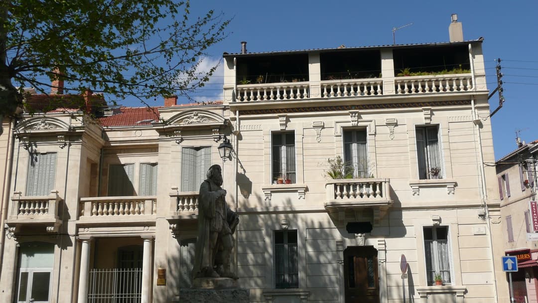 Historical monument and portrait relief of 16th century seer Michel de Nostredame