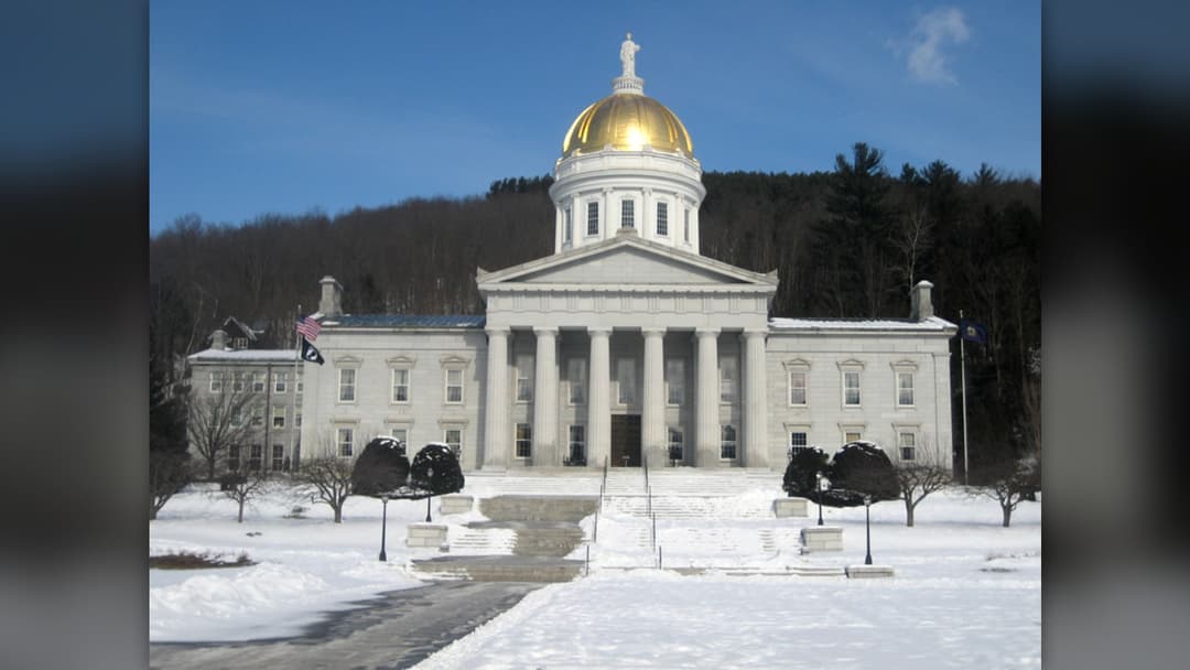 Vermont State House in Montpelier covered in deep winter snow