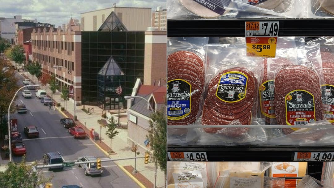 Split view of historic downtown Lebanon, Pennsylvania on the left and dark, smoky slices of Lebanon bologna on the right.