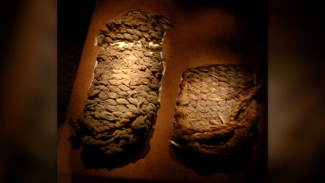 Woven sagebrush bark sandals from Fort Rock Cave on display at the Oregon Historical Society Museum