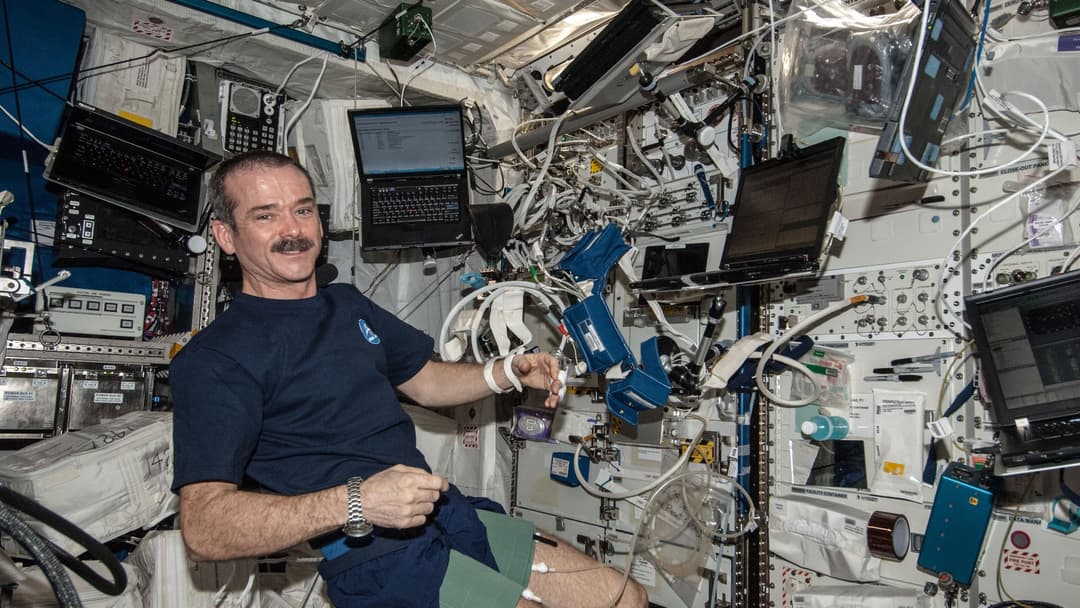 Astronaut Chris Hadfield conducting a blood pressure regulation test with arm and leg cuffs aboard the ISS