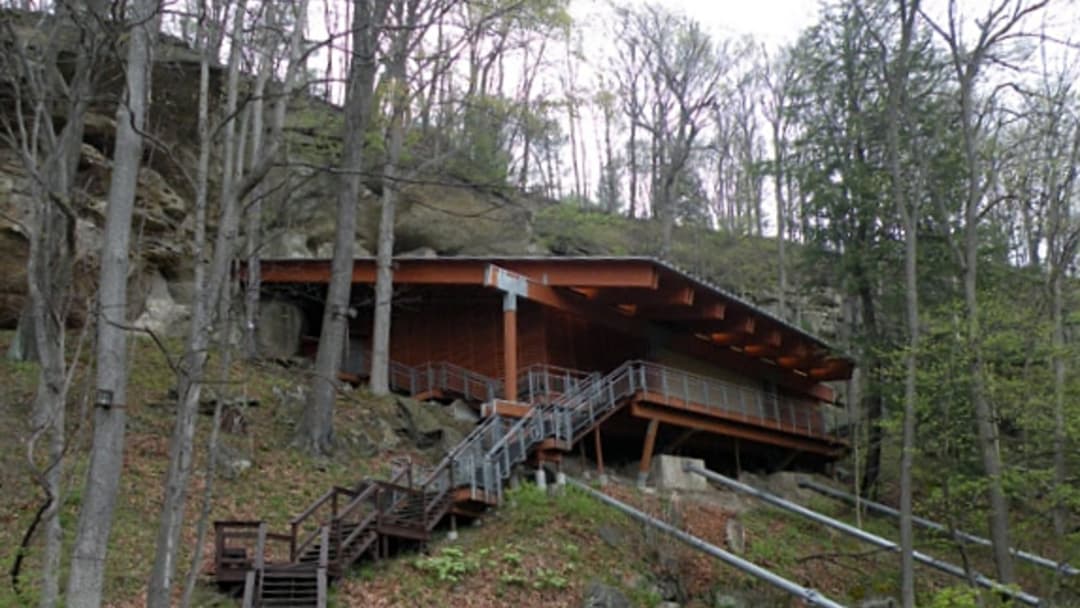 Sandstone overhang and archaeological enclosure at Meadowcroft Rockshelter in Washington County, Pennsylvania
