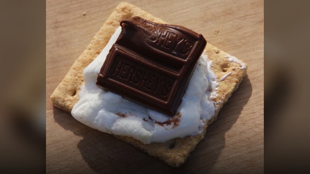 Freshly prepared s'more with toasted marshmallow and melted Hershey chocolate between graham crackers.