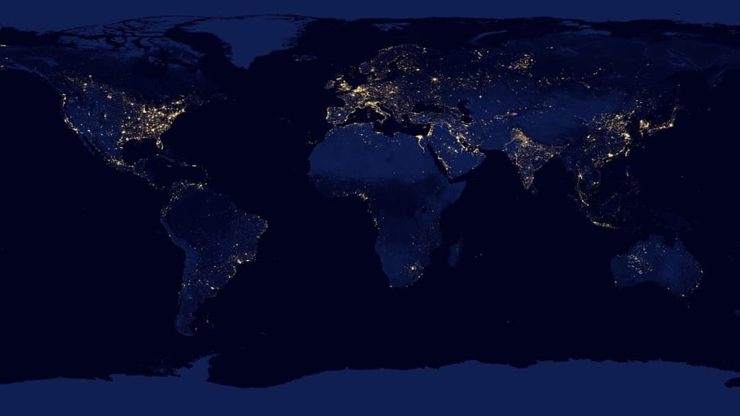 Global satellite map of Earth continents illustrating planet wide conflict