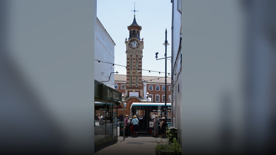 The historic 70-foot Victorian red-brick Epsom Clock Tower in Epsom Market Place, Surrey.
