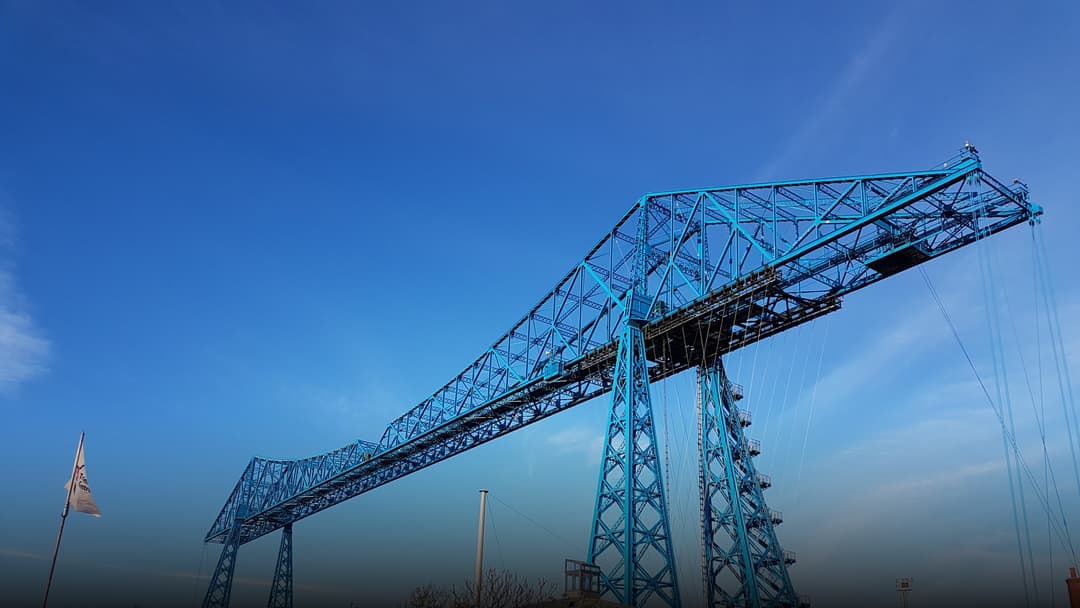 The historic Tees Transporter Bridge landmark spanning the River Tees in Middlesbrough.