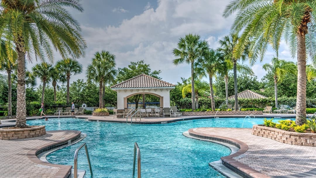 Expansive resort-style heated swimming pool surrounded by tropical palms and poolside cabanas