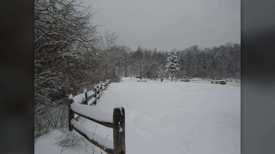 Snow blanketed neighborhood street in Cleveland, Ohio during winter