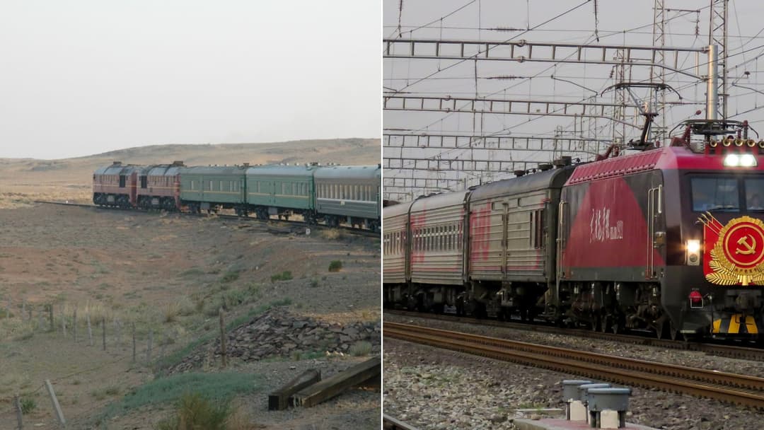 Split-screen view of the Trans-Siberian Railway in Russia and the Amtrak California Zephyr crossing the Utah desert.