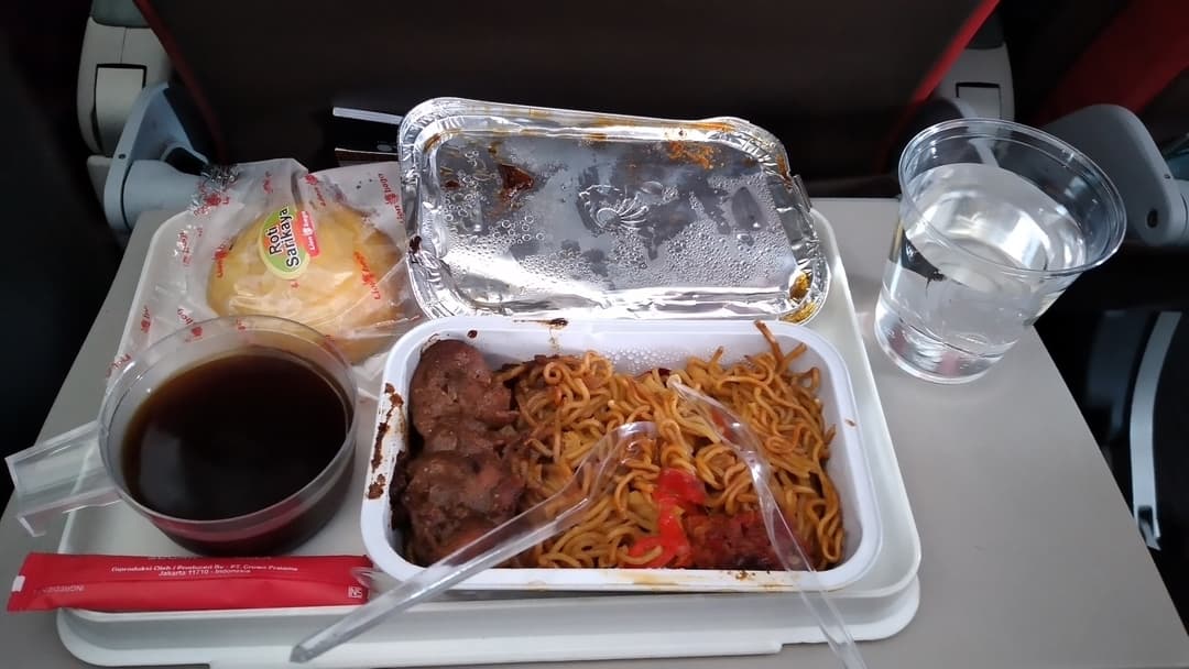 Economy class airline meal container with chicken in gravy and cooked vegetables
