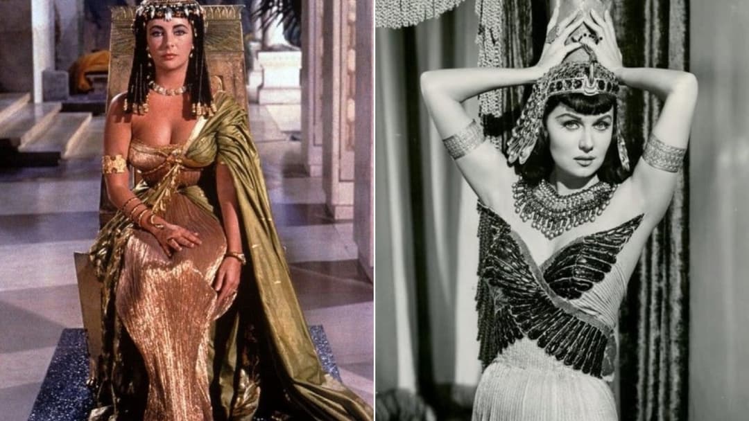 Elizabeth Taylor posing in royal golden costume as Cleopatra in 1963