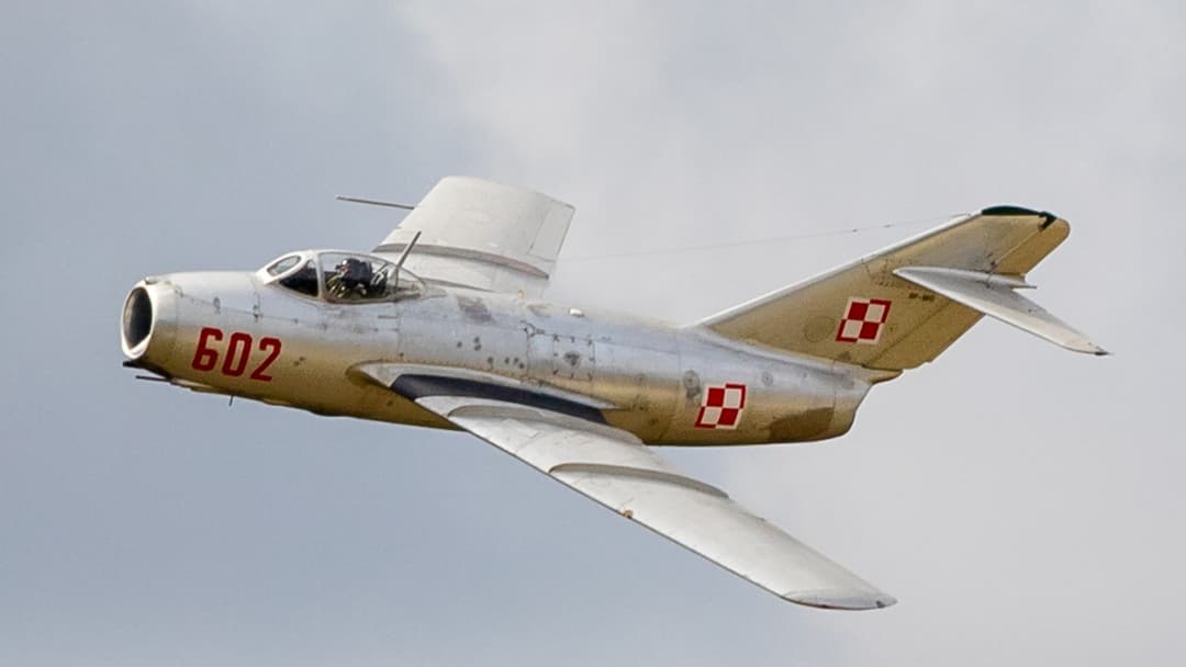 Swept-wing Mikoyan-Gurevich MiG-15 Cold War jet fighter on display