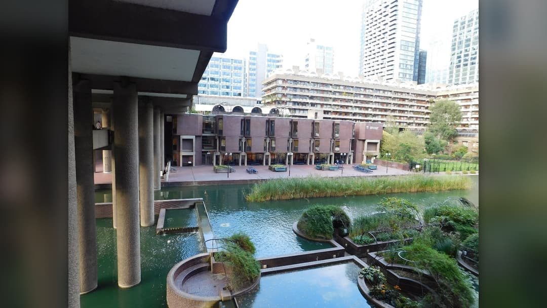 Lakeside exterior of the Guildhall School of Music and Drama at the Barbican Estate in London