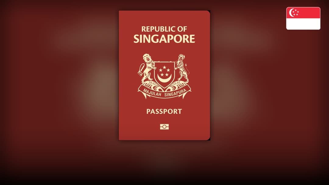 Bright crimson red Singapore biometric passport cover embossed with the national coat of arms.