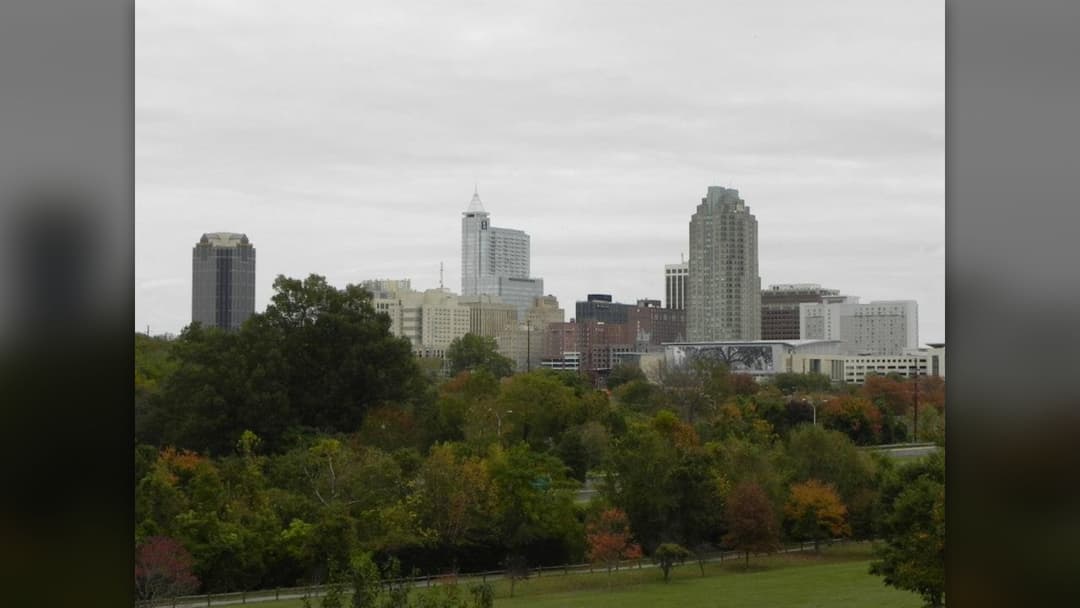 Downtown skyline of Raleigh North Carolina framed by lush green trees