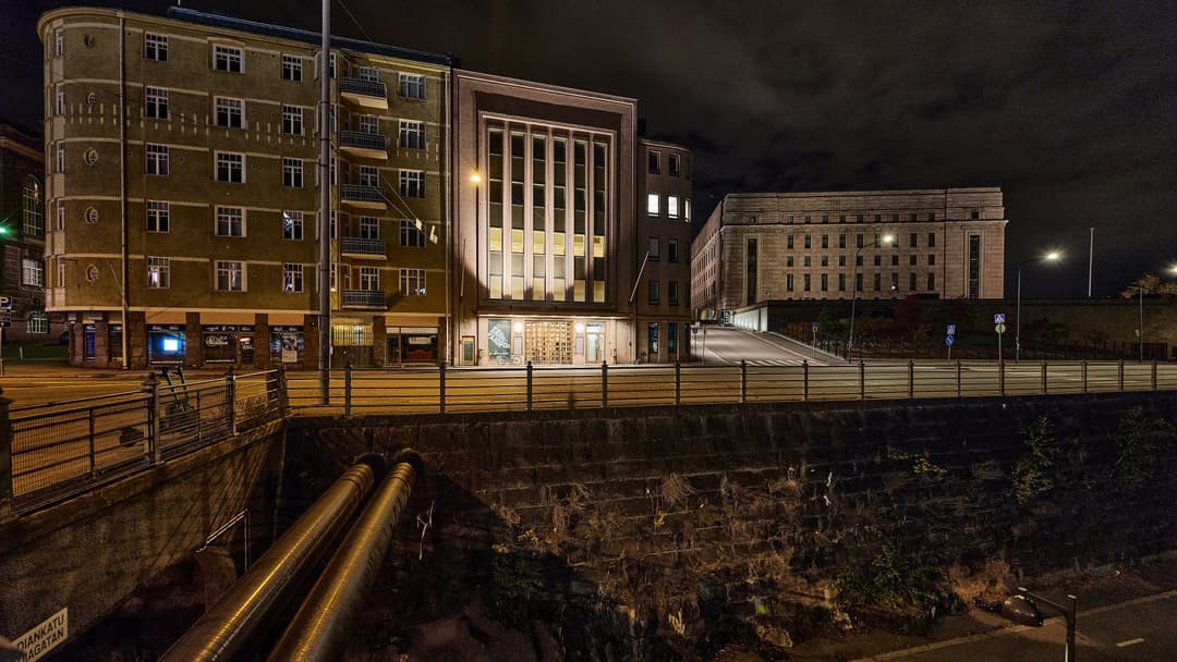 Sibelius Academy main building illuminated at night in Helsinki, Finland