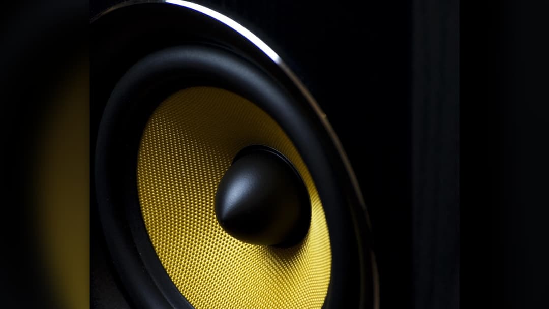 Landscape photograph of a bass subwoofer speaker membrane vibrating with low-frequency sound