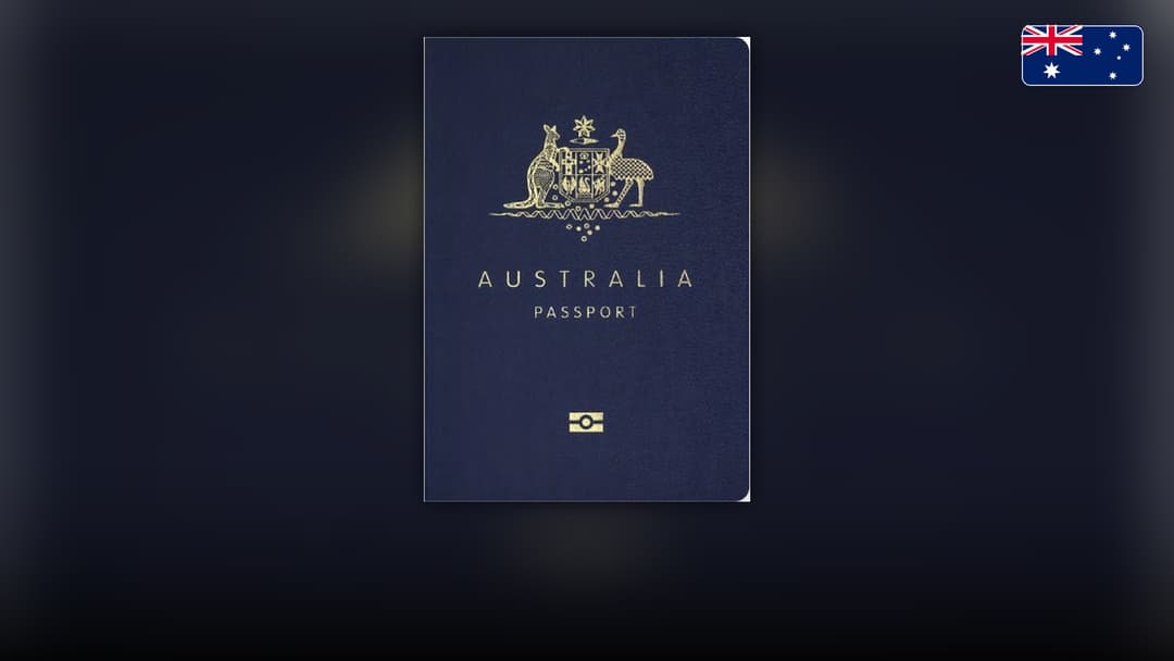 Dark blue cover of the Australian biometric passport with the kangaroo and emu coat of arms.