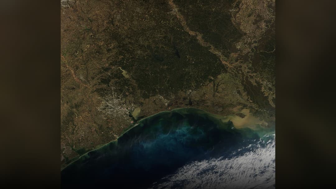 Satellite view of dense storm clouds consolidating over the Gulf of Mexico.