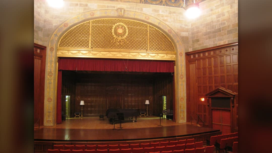 Renaissance Revival interior and stage of Kilbourn Hall at the Eastman School of Music in Rochester