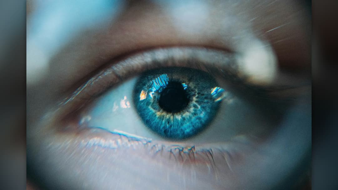Detailed close-up macro view of a healthy human eye and iris showing clarity and focus.